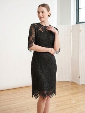 Robert Anthony Vintage 80/90’s cocktail Black Lace Dress with Fringe size 6 0054